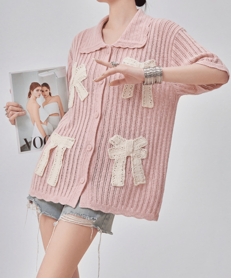 Lace Bow Accent Short Sleeve Knit Polo Cardigan