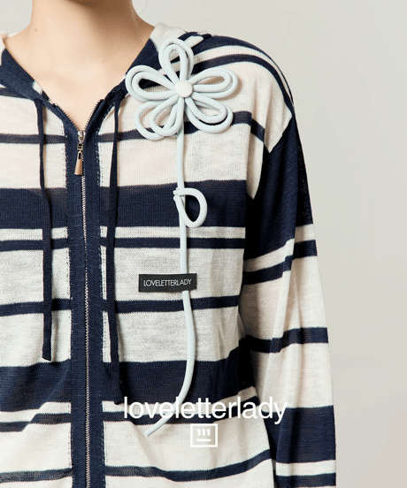 Flower Motif Striped Zip Hoodie