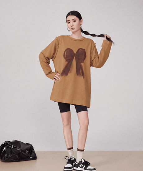 Ribbon Print Oversized Long Sleeve T-Shirt