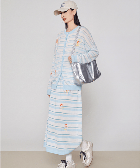 Striped Graphic Knit Cardigan & Long Skirt Set