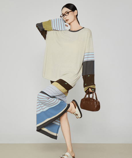 Patchwork Color Block Long Sleeve Tops & Long Skirt