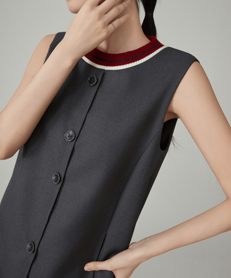Rib Neck Front Button Sleeveless Mini Dress