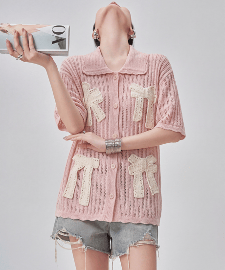 Lace Bow Accent Short Sleeve Knit Polo Cardigan