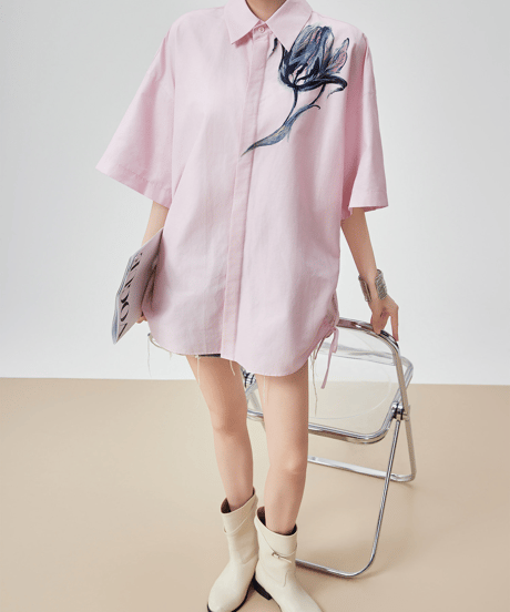 Flower Graphic Drawstring Oversized Short Sleeve Shirt