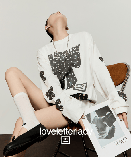 Ribbon Print Oversized Long Sleeve T-Shirt