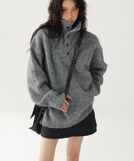 High Neck Half Button Cable Knit Sweater  / 2colors
