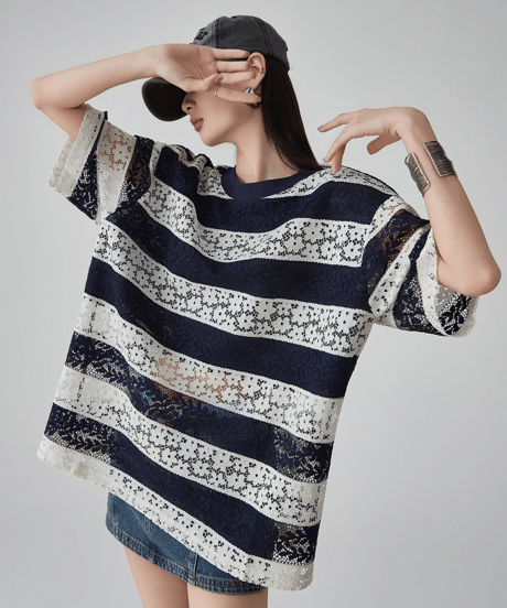 Lace Striped Oversized T-shirt