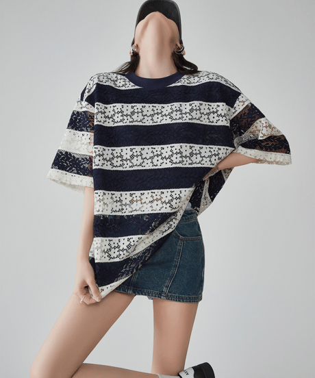 Lace Striped Oversized T-shirt