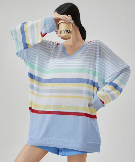 Rainbow Stripe V-Neck Sheer Knit Pullover