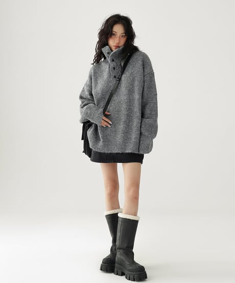 High Neck Half Button Cable Knit Sweater  / 2colors