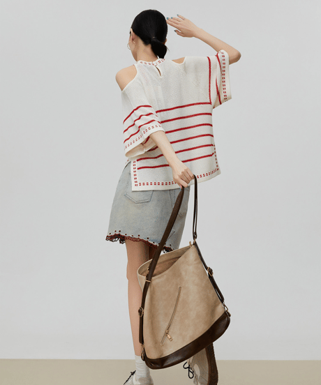Cold Shoulder Border Open-Work Knit Top
