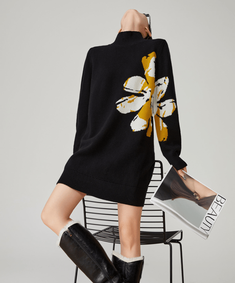 Big Flower Jacquard High Neck Knit Dress