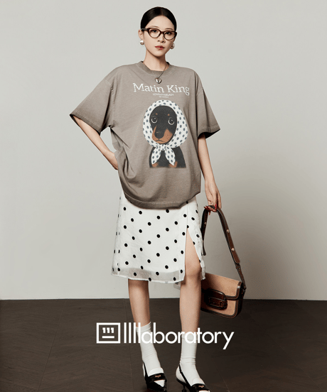 Dog Print Oversized T-Shirt & Polka Dot Wrap Skirt