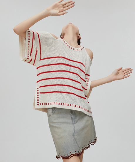 Cold Shoulder Border Open-Work Knit Top