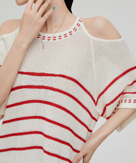 Cold Shoulder Border Open-Work Knit Top
