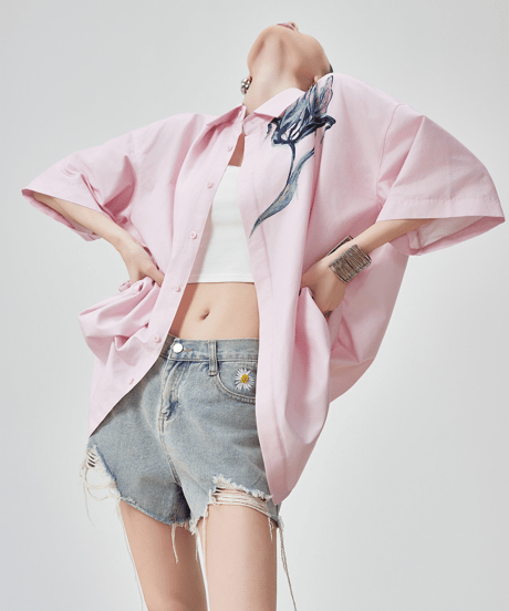 Flower Graphic Drawstring Oversized Short Sleeve Shirt