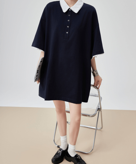 Lace Collar Loose Fit Polo Dress