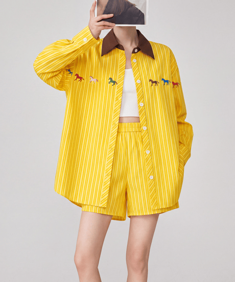 Horse Embroidery Striped Shirt & Shorts Set