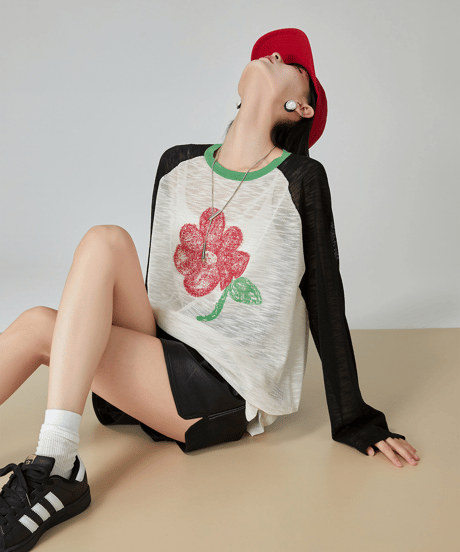 Flower Graphic Sheer Raglan Long Sleeve Tee  / 2colors