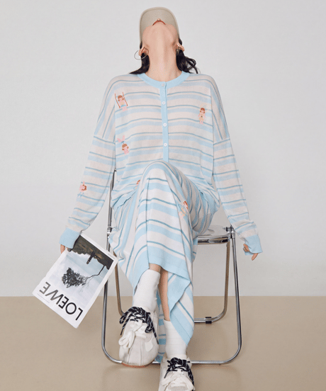 Striped Graphic Knit Cardigan & Long Skirt Set