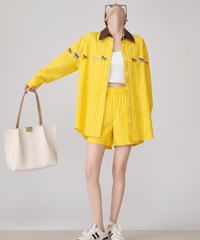 Horse Embroidery Striped Shirt & Shorts Set