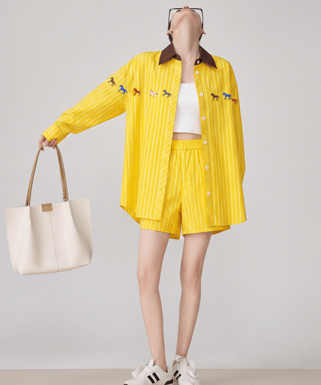 Horse Embroidery Striped Shirt & Shorts Set