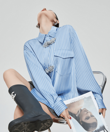 Chinese Knot Striped Oversized Shirt