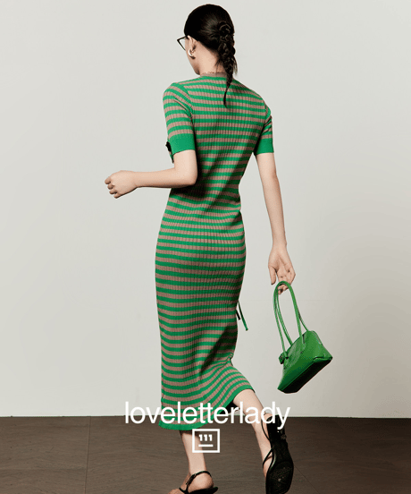 Striped Ribbon Sleeve Drawstring Knit Dress