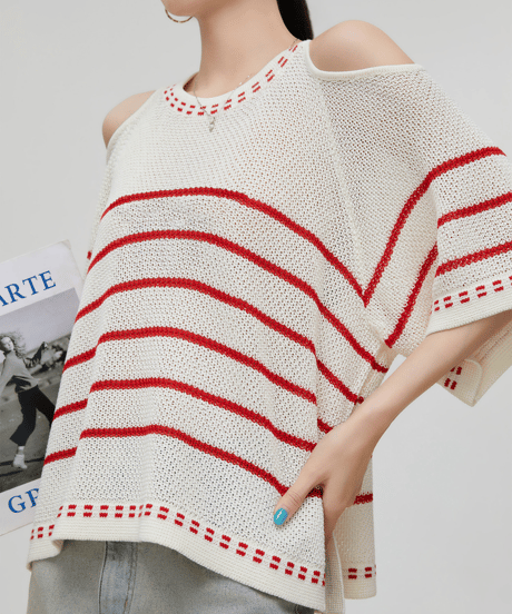 Cold Shoulder Border Open-Work Knit Top