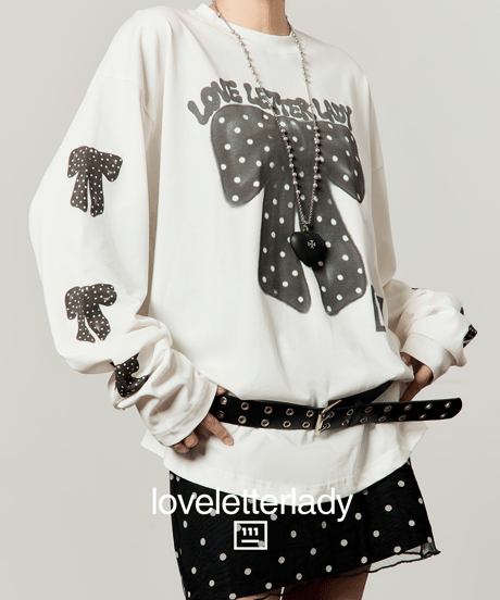 Ribbon Print Oversized Long Sleeve T-Shirt