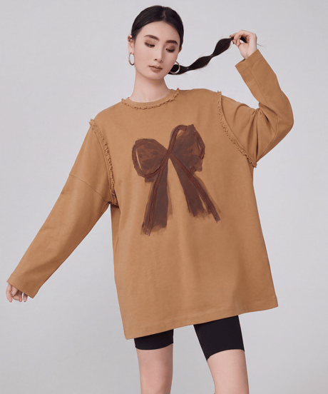 Ribbon Print Oversized Long Sleeve T-Shirt