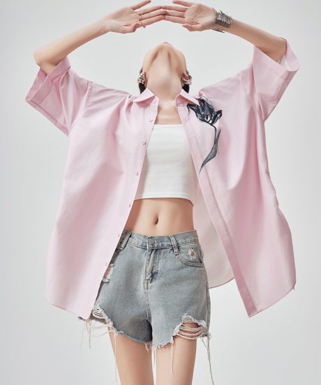Flower Graphic Drawstring Oversized Short Sleeve Shirt