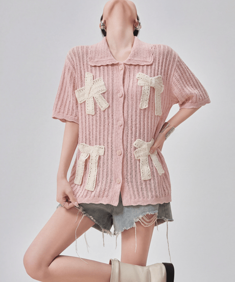 Lace Bow Accent Short Sleeve Knit Polo Cardigan