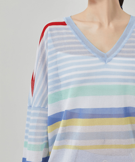 Rainbow Stripe V-Neck Sheer Knit Pullover