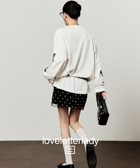 Ribbon Print Oversized Long Sleeve T-Shirt