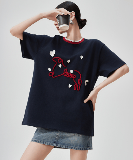 Heart Embroidery Contrast Neck Short Sleeve T-Shirt