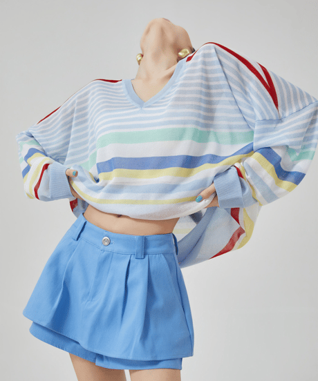 Rainbow Stripe V-Neck Sheer Knit Pullover