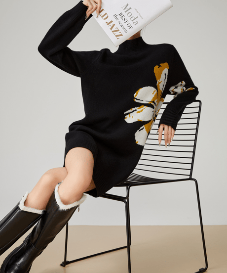 Big Flower Jacquard High Neck Knit Dress