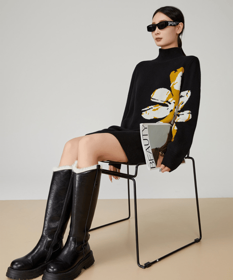 Big Flower Jacquard High Neck Knit Dress