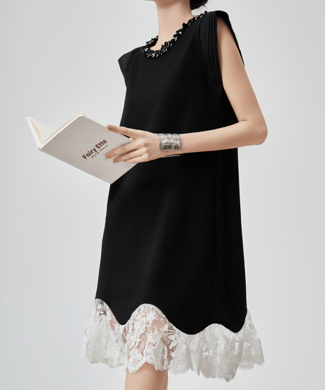 Lace Trim Scallop Hem Sleeveless Mini Dress