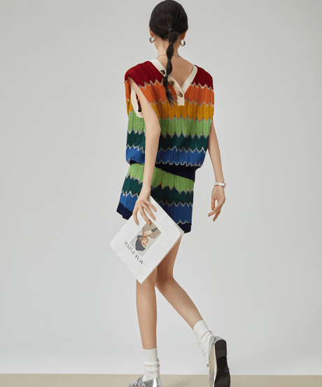 Rainbow Wave Crochet Knit Bow Vest & Shorts Set