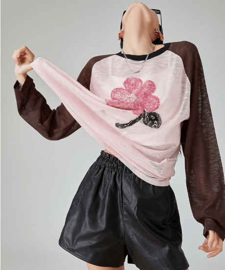 Flower Graphic Sheer Raglan Long Sleeve Tee  / 2colors