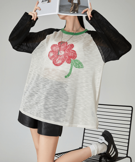 Flower Graphic Sheer Raglan Long Sleeve Tee  / 2colors