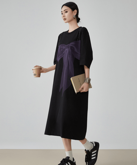 Ribbon Print Oversized T-shirt Dress