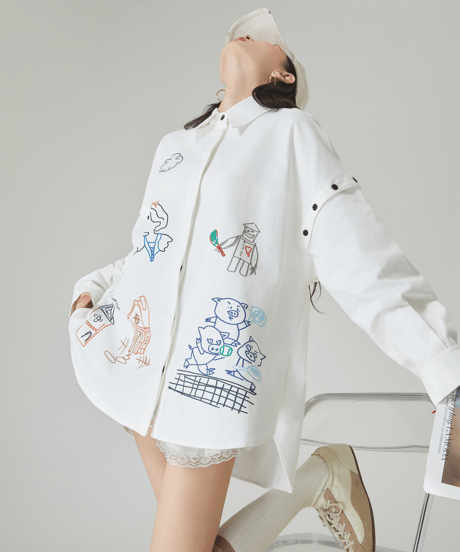 Doodle Embroidery Oversized Button-Shirt