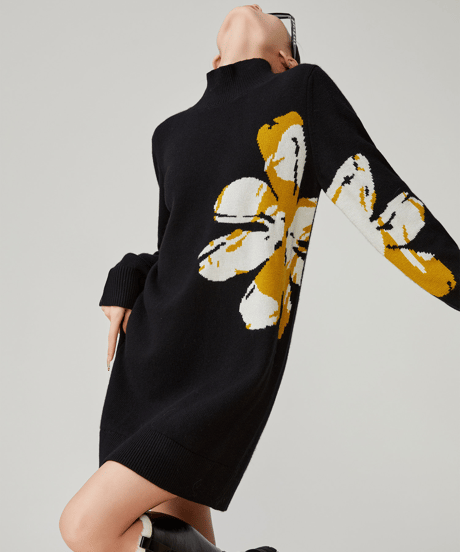 Big Flower Jacquard High Neck Knit Dress