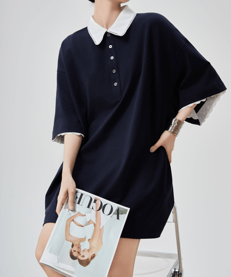 Lace Collar Loose Fit Polo Dress