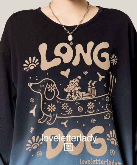 Vintage Gradient Long Dog Printed Long Sleeve T-Shirt