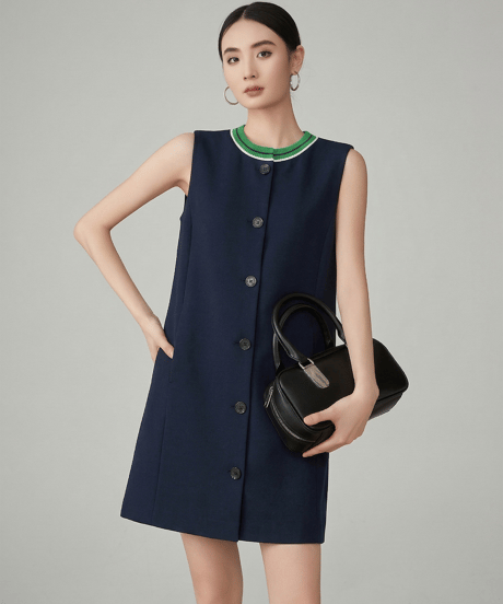 Contrast Rib Neck Button-Front Sleeveless Mini Dress