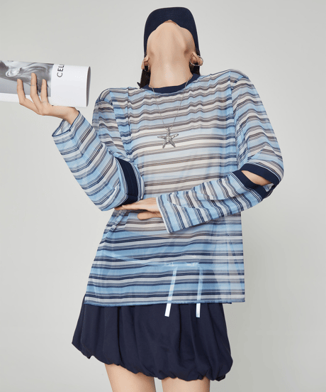 Striped Sheer Cutout Long Sleeve Top
